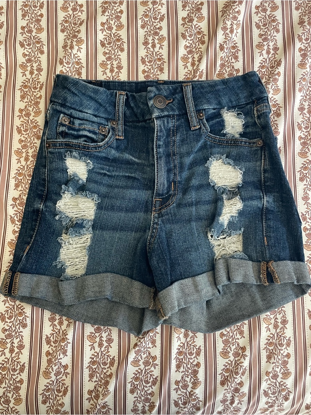 Aeropostale Distressed Dark Blue Rolled-Hem Denim Shorts